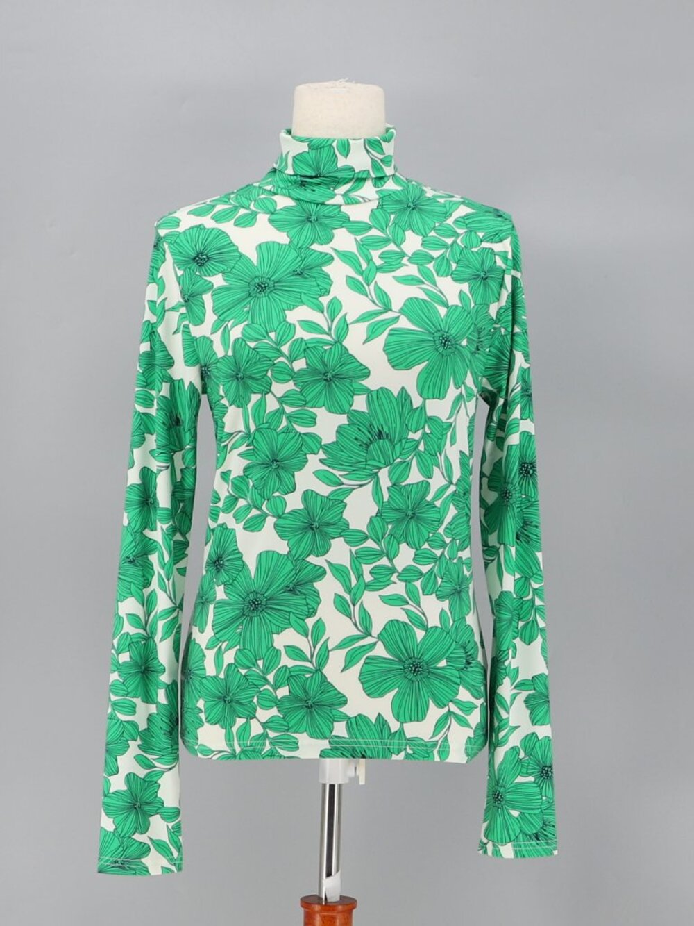 J.CREW Matte Jersey Turtleneck Top Kelly Green Floral Botanical Print Size M